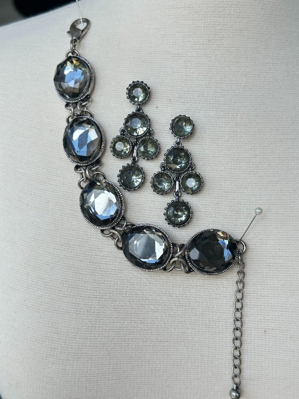 Statement Jewelry Set Smoky Crystal Bracelet Chandelier Earrings Silver Tone